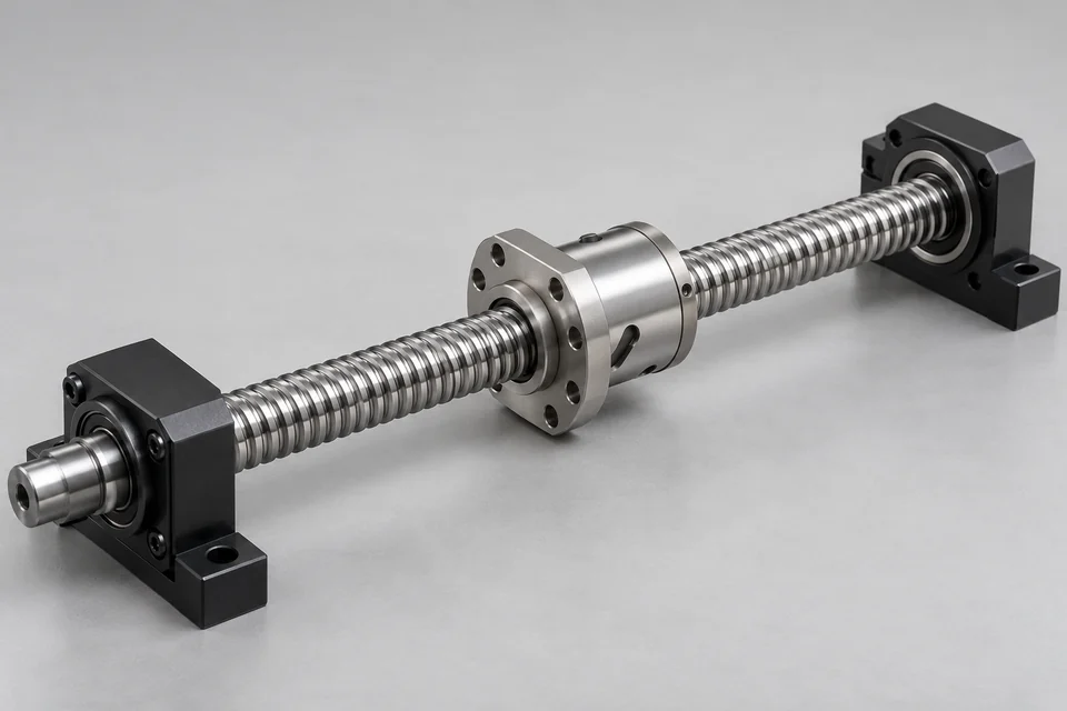 precision ground ball screw shaft with recirculating ball nut and support end features