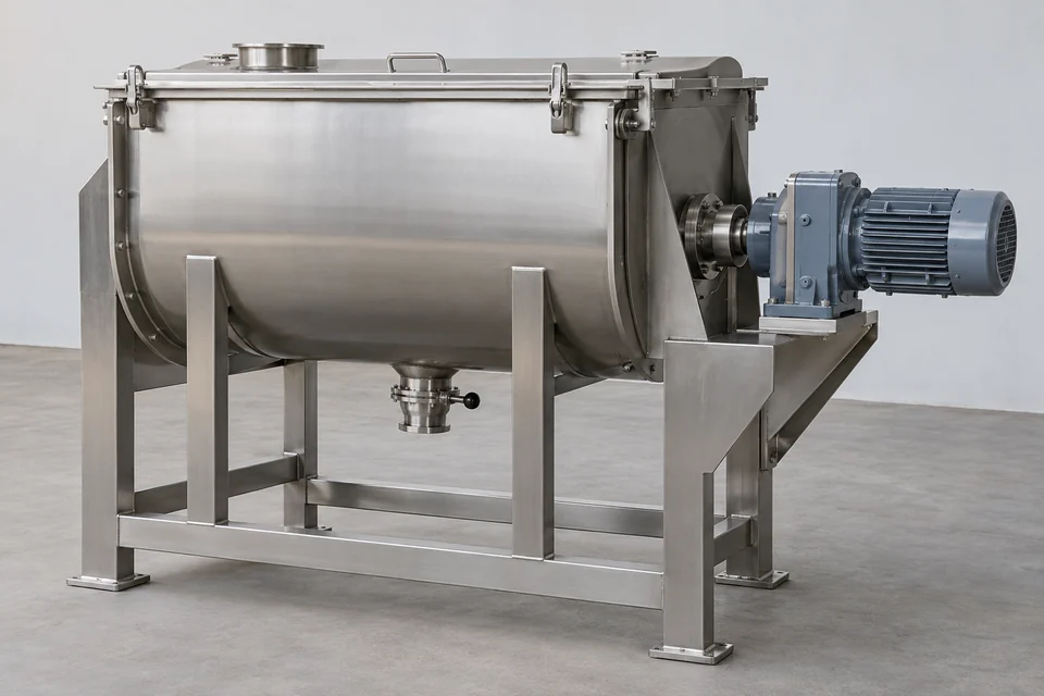 batch ribbon blender with horizontal U shaped stainless vessel, hinged lid and drive motor