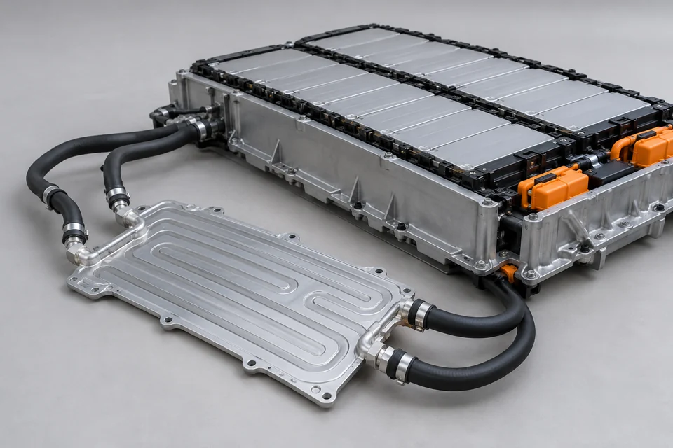 EV battery thermal management cooling plate and hose assembly beside battery module