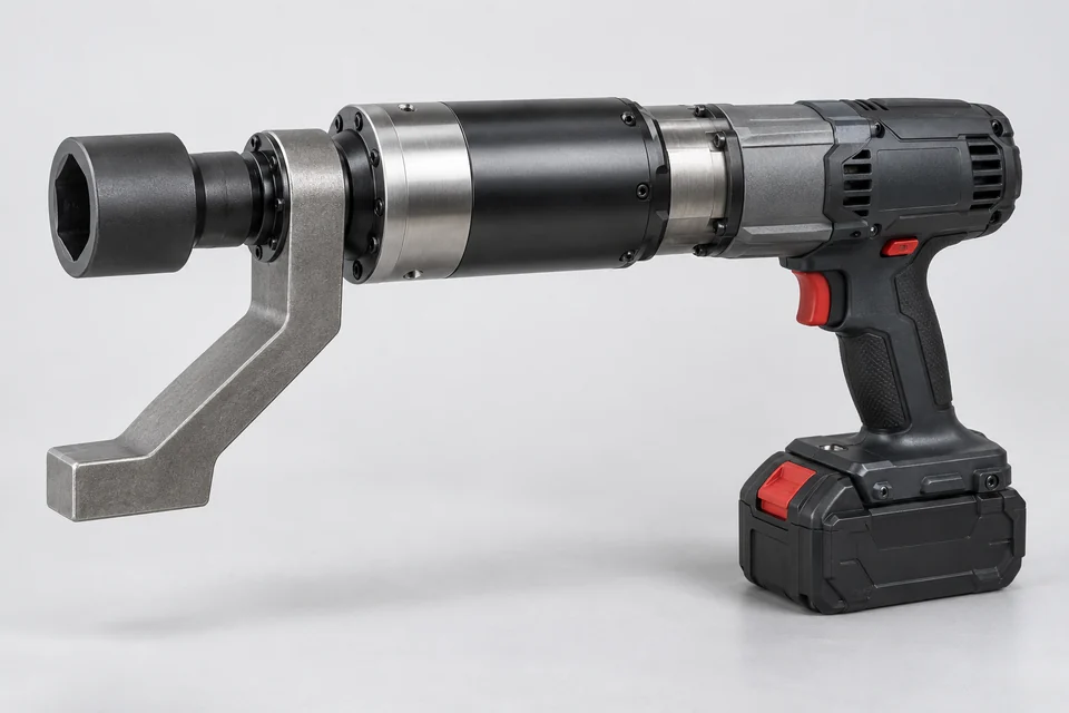 a complete battery-powered industrial torque wrench with a pistol grip and battery pack, a long cylindrical planetary gearbox, an unmistakable thick L-shaped steel reaction arm projecting laterally from immediately behind the output socket; the full tool and reaction arm clearly visible on a neutral catalogue surface