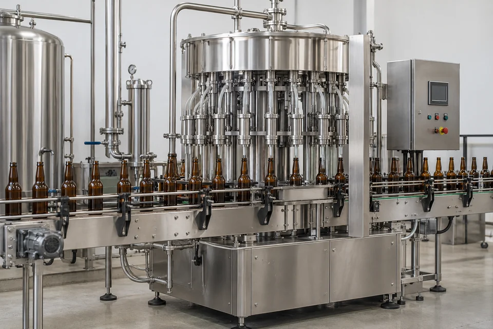 beer beverage filling equipment with stainless filling valves and bottle conveyor