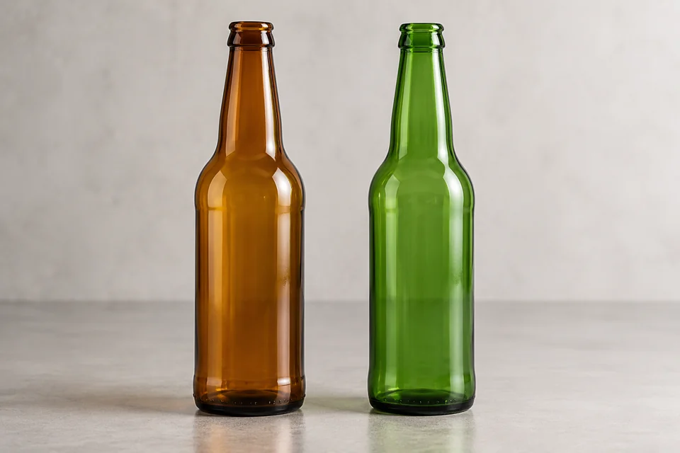 Unlabelled amber and green glass beer bottles with crown finish necks, clean empty bottles on neutral studio surface, no drinks branding.