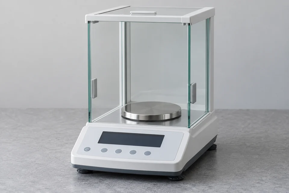 bench-top electronic laboratory balance with draft shield and sample pan