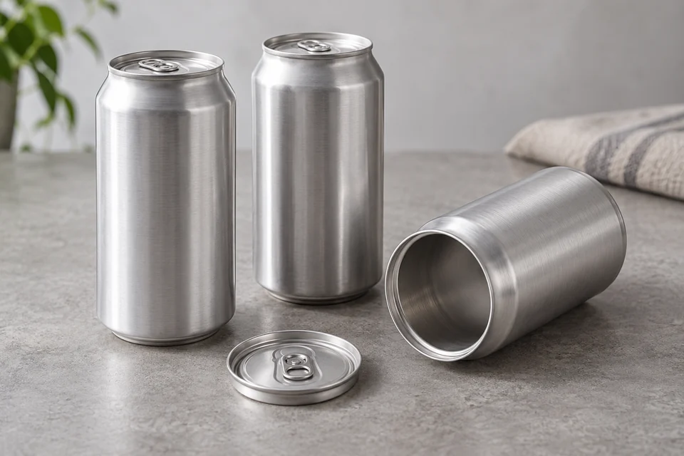 Three unprinted aluminium beverage cans with formed pull tab ends, one can end separate on tabletop, realistic brushed aluminium surfaces.