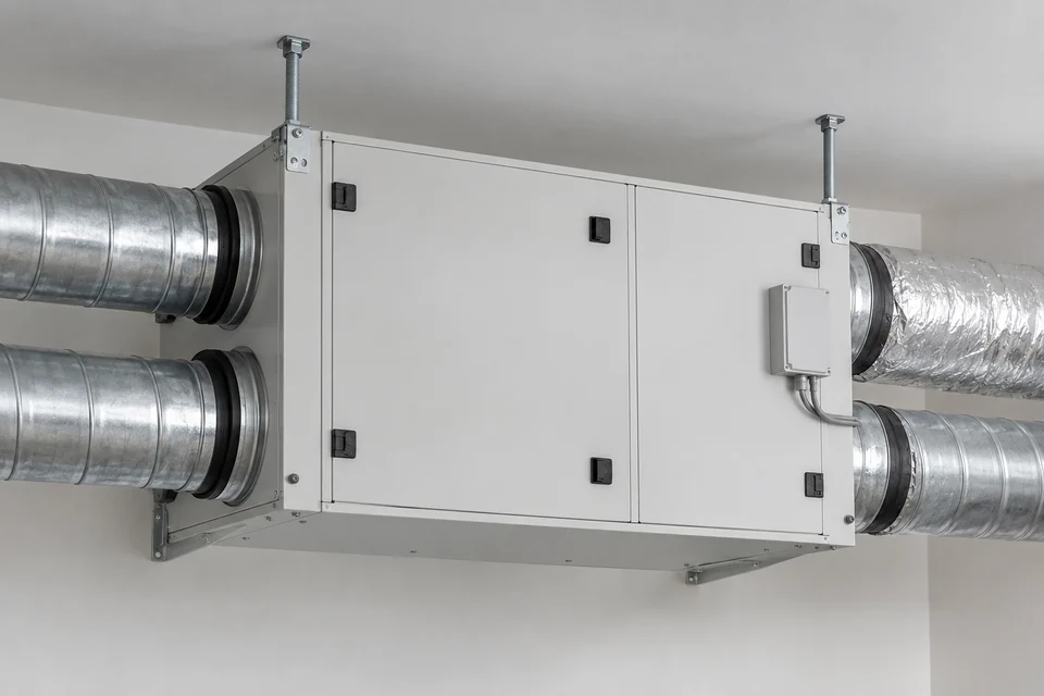 bidirectional heat recovery ventilation unit with duct connections and enclosure