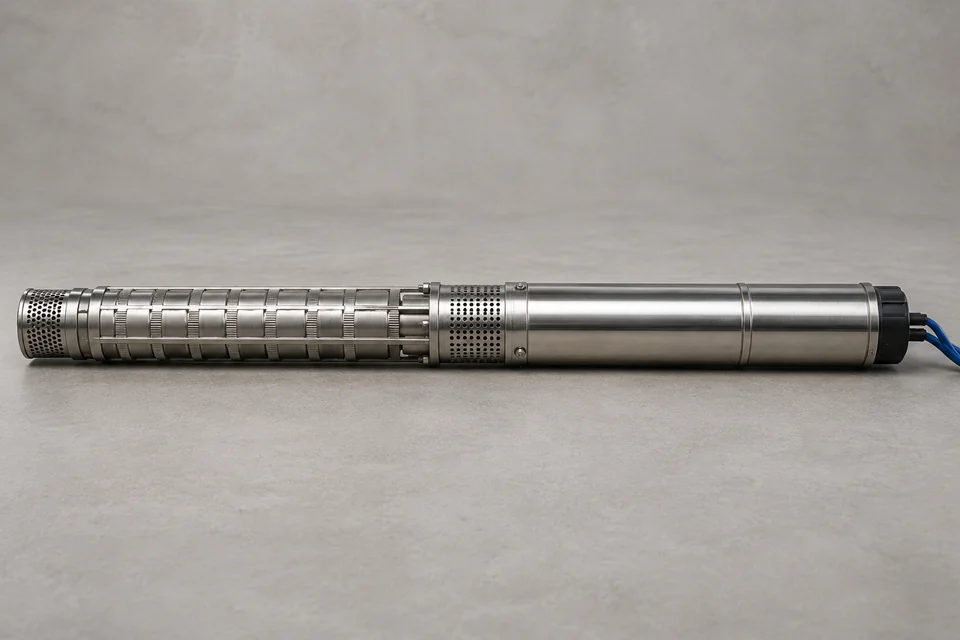 long narrow stainless borewell submersible pump and motor lying horizontally on a neutral surface