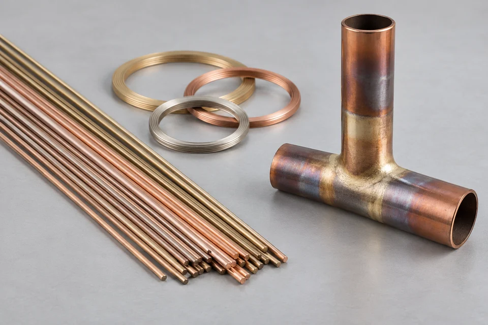 brazing alloy rods and rings beside a joined metal tubing specimen