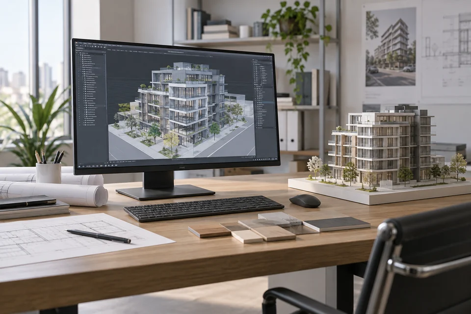 An architecture workstation monitor displaying a detailed three dimensional building model beside a small physical scale building model, realistic office application scene, no abstract schematic.
