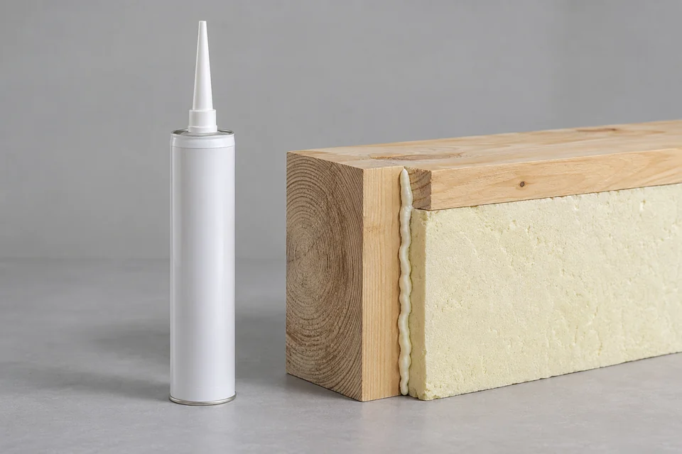 building polyurethane adhesive cartridge beside bonded wood and insulation specimen