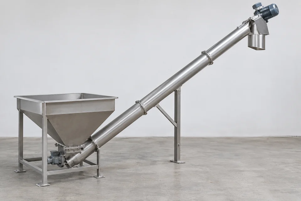 flexible screw bulk material conveyor with hopper and inclined enclosed tube
