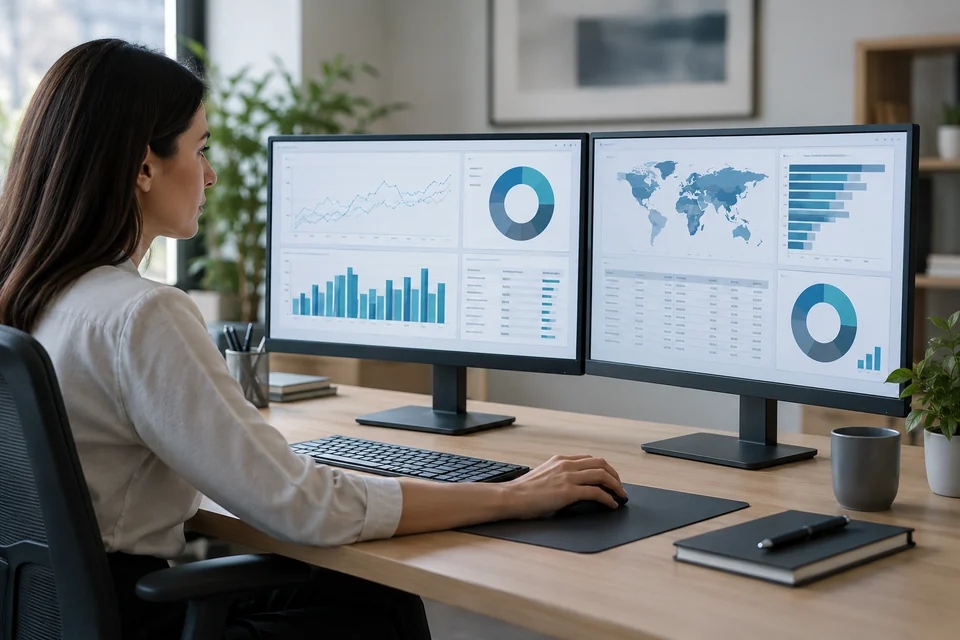 business intelligence dashboard represented by analyst workstation with representative charts and data tables, no legible figures or brand marks