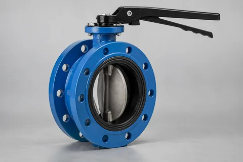 flanged butterfly valve with complete round body, partly open metal disc and hand lever