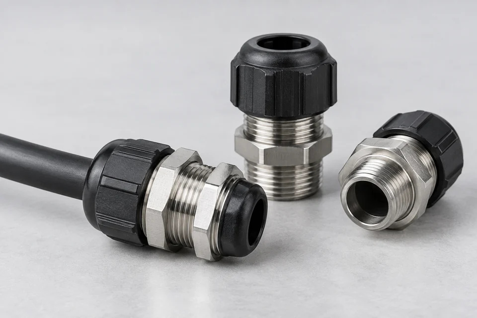 Metal and black polymer cable glands with threaded bodies, hexagonal locknuts and compression caps, one cable securely entering a gland, neutral product photo.