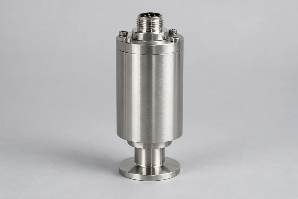 one unbranded capacitance diaphragm vacuum gauge: compact cylindrical brushed stainless sensor head, small vacuum flange at its lower end, electrical connector at the top, realistic external industrial instrument appearance