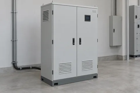 Representative enclosed power-factor correction capacitor bank with controller panel and ventilation