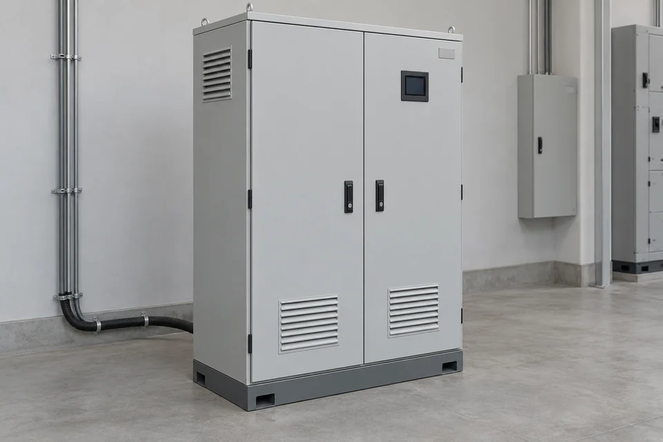 Representative enclosed power-factor correction capacitor bank with controller panel and ventilation