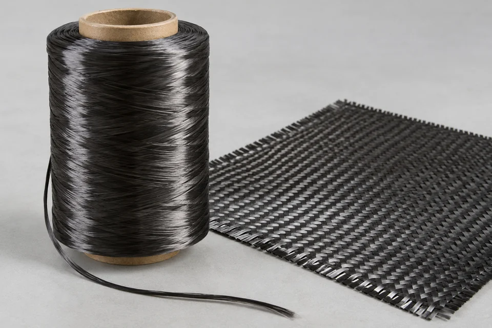 carbon fibre tow spool beside a woven carbon fabric swatch