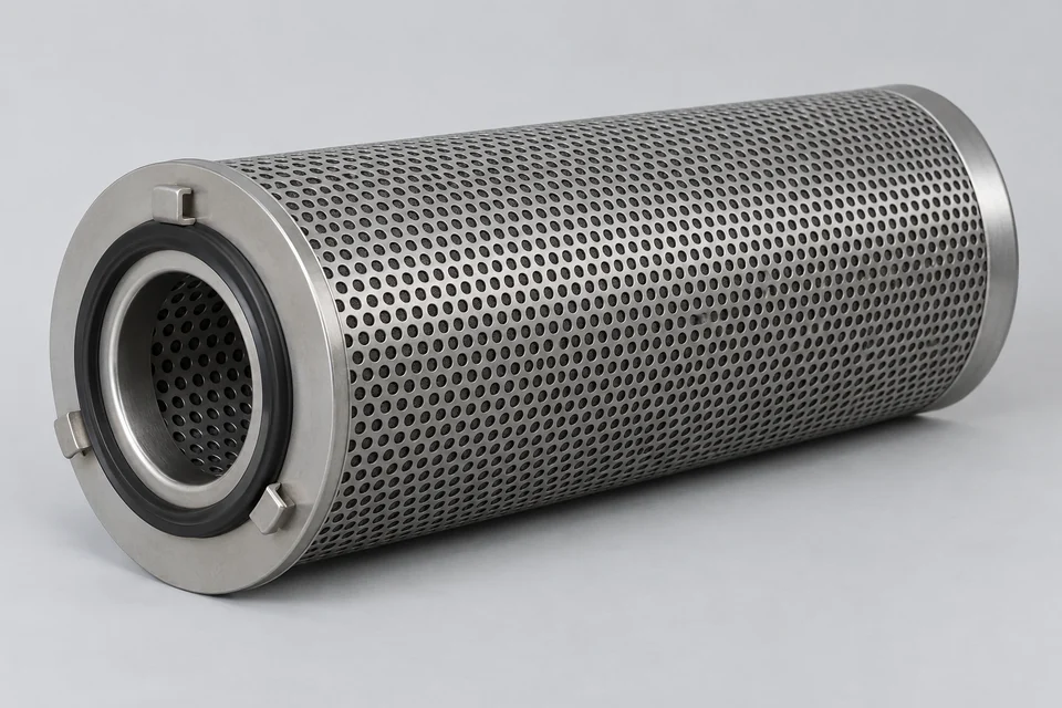 Perforated cylindrical molecular-filter cartridge with concentric central bore, sealing gasket and mounting tabs