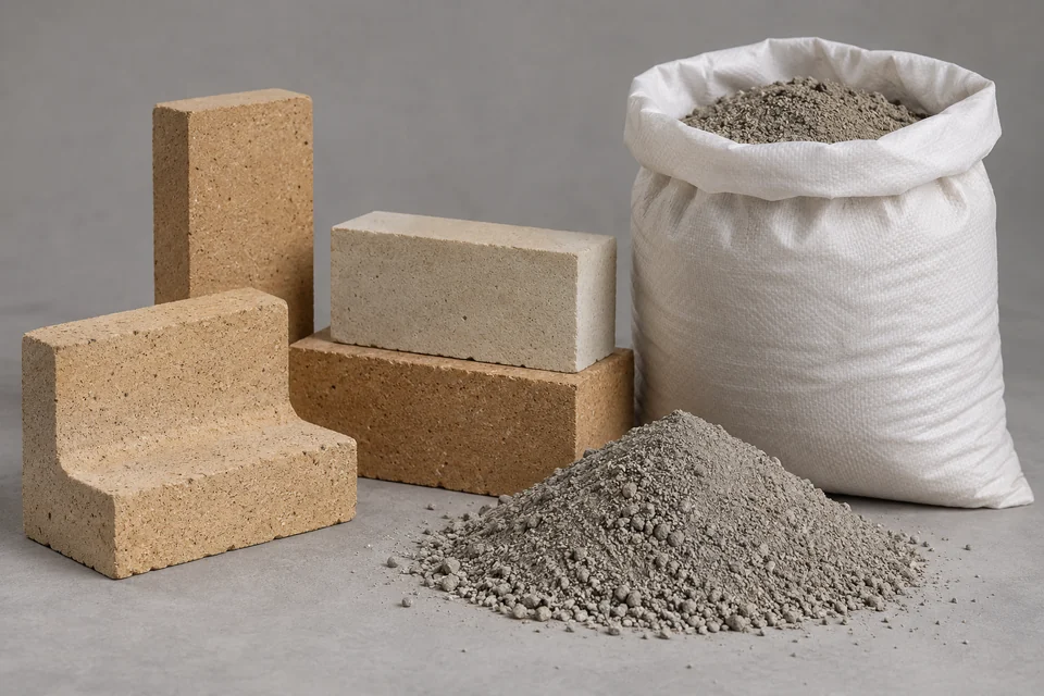 refractory bricks and castable refractory bag-shaped plain sample container with dry aggregate, no text