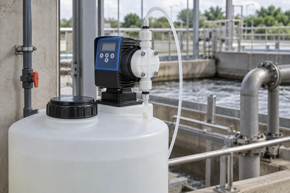 A compact digital diaphragm chemical dosing pump with plastic dosing head, inlet and outlet fittings and small control display mounted above a chemical tank, realistic treatment plant.