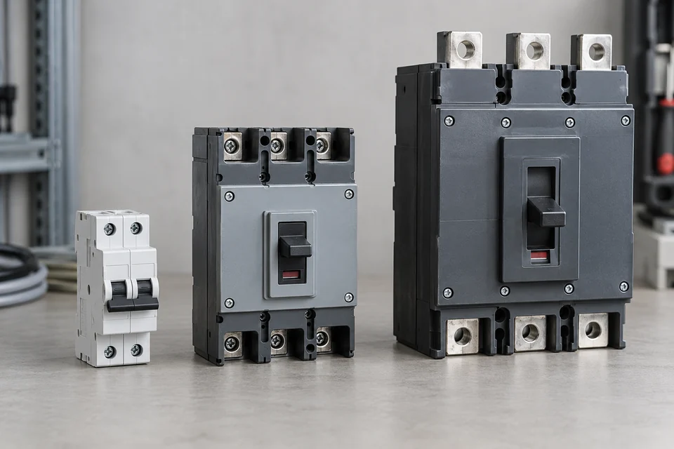 Three low voltage circuit breakers: small DIN rail miniature breaker, a moulded case breaker and a larger panel breaker, complete products on neutral bench.