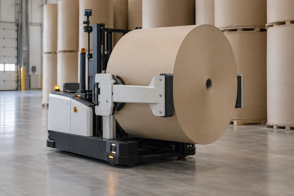 clamp type automated guided vehicle carrying a large paper roll between side gripping arms in a warehouse
