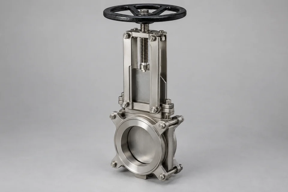 clamped industrial knife gate valve with stainless body, external frame and handwheel showing detachable clamping construction