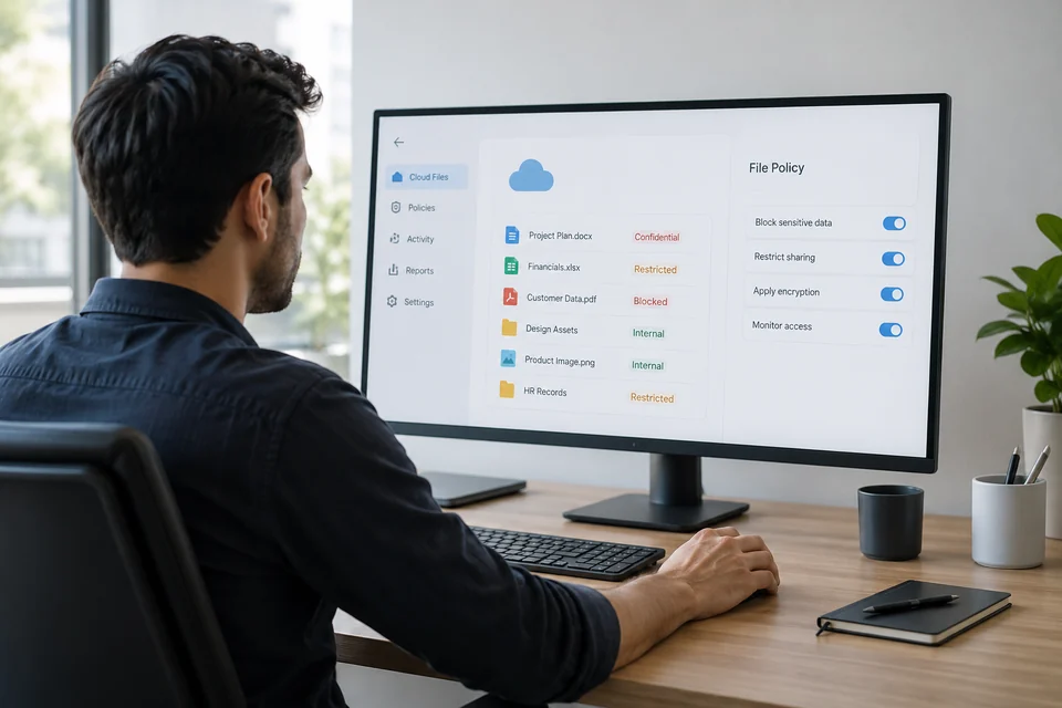 cloud data loss prevention represented by analyst workstation with cloud file policy interface