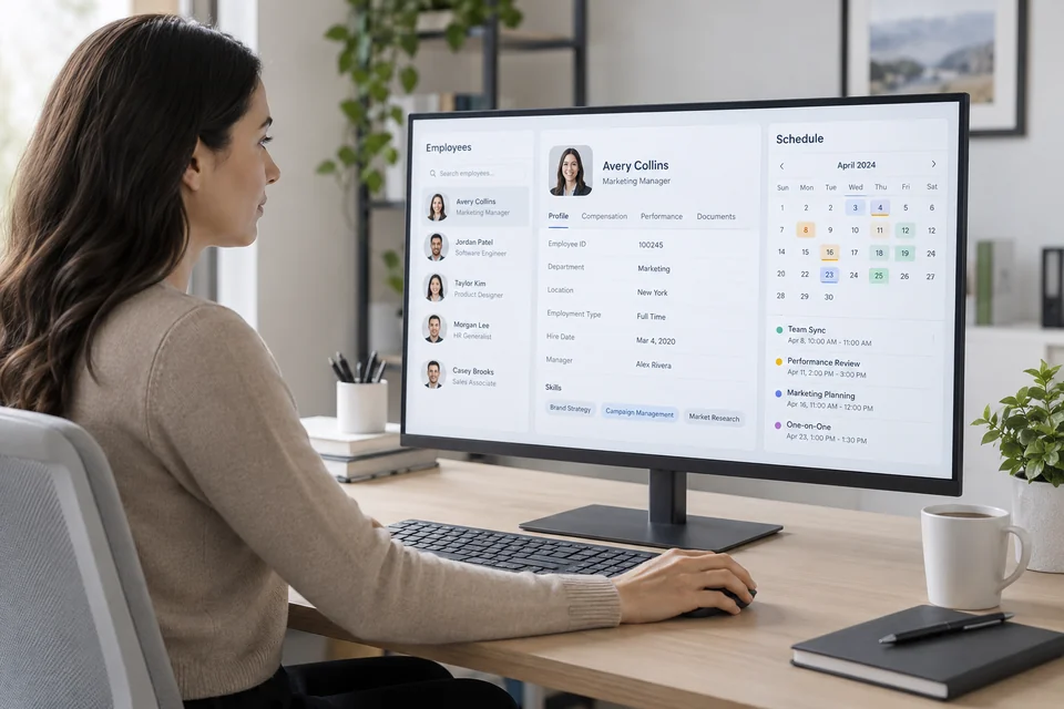cloud human capital management software represented by HR specialist at workstation reviewing employee records and scheduling interface