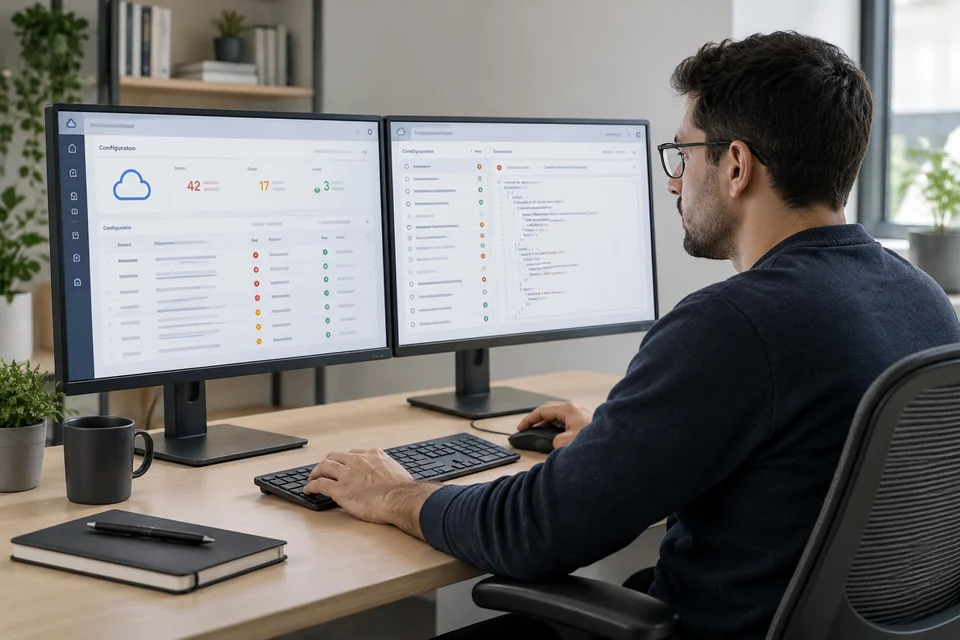cloud security posture management tool represented by security engineer workstation with cloud configuration review interface
