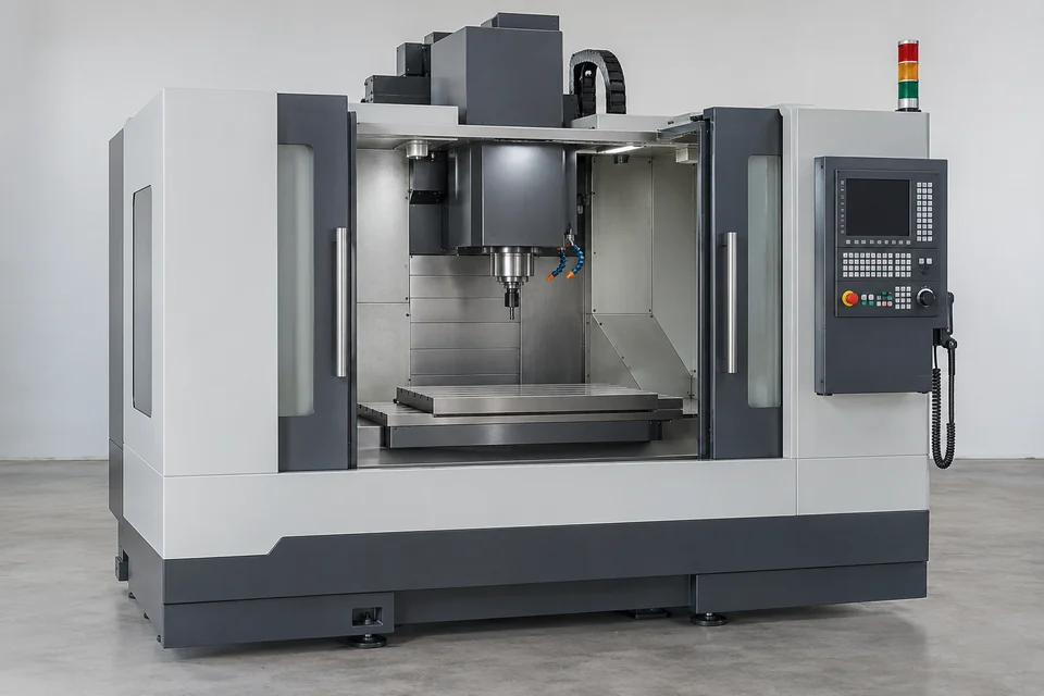 enclosed CNC machining centre with working table and spindle visible through open access doors