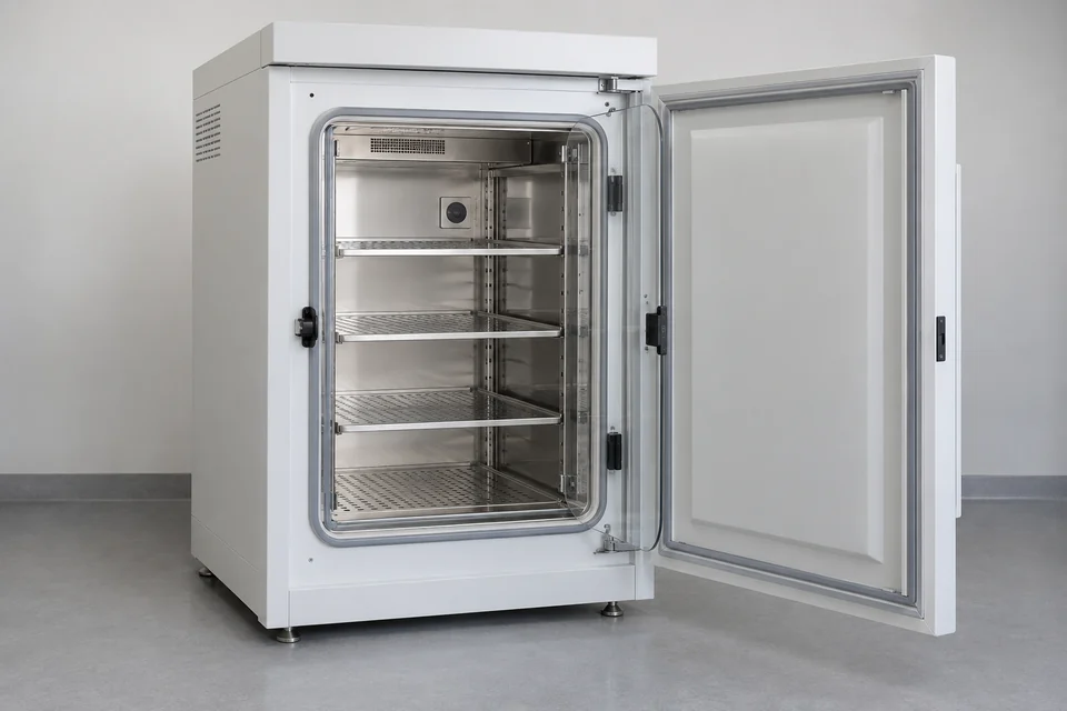 CO2 laboratory incubator with shelves visible through open outer door