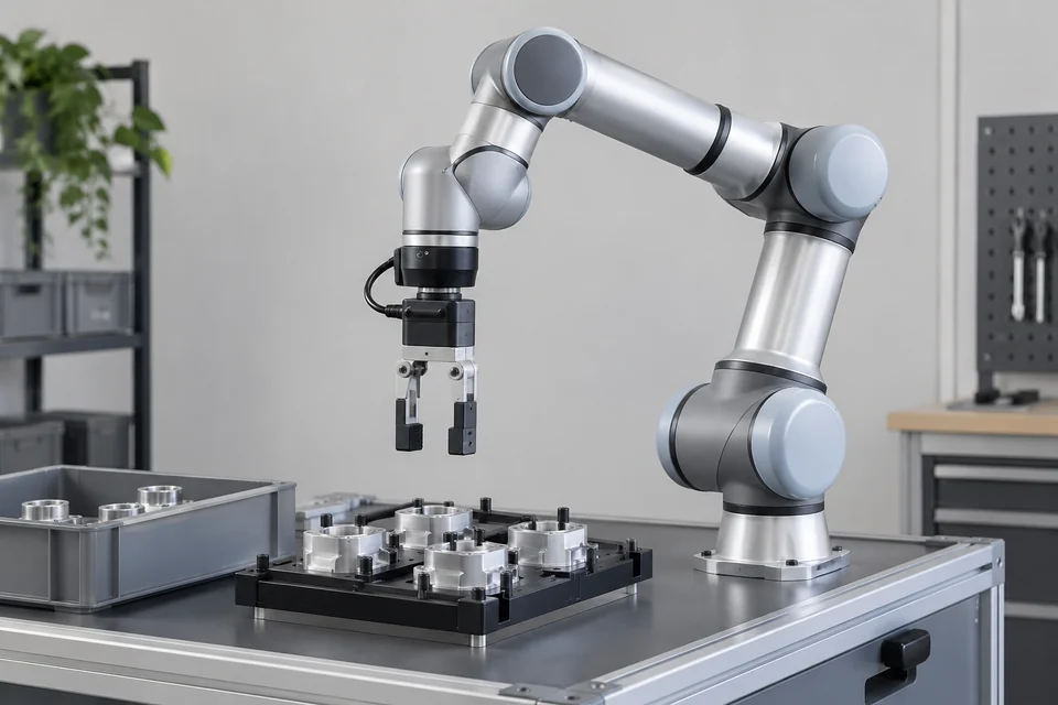 A compact six axis collaborative robot arm with smooth rounded joint housings and a parallel gripper positioned beside a small workstation, complete realistic mechanism.