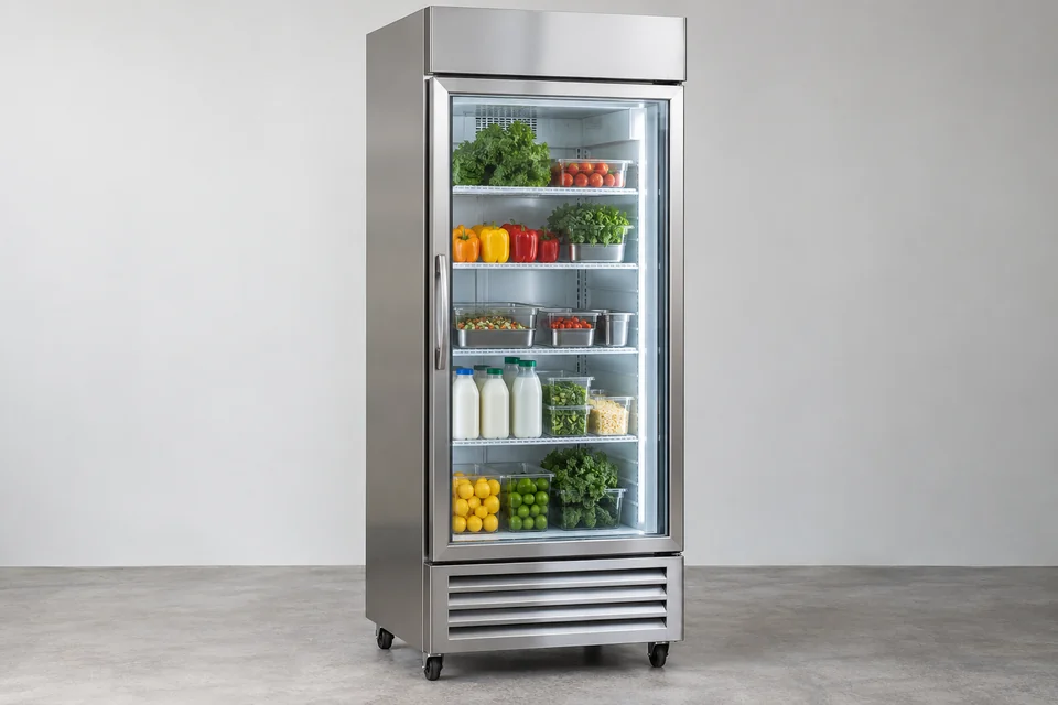 commercial refrigeration cabinet with stainless exterior and glass display door