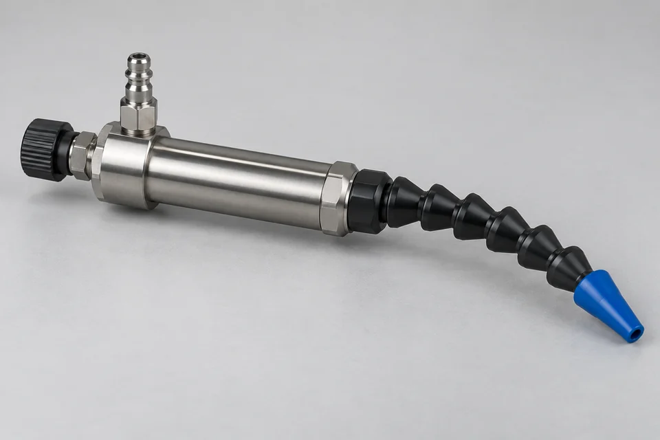 complete compressed-air vortex cold-air gun: compact cylindrical stainless-steel vortex tube with an inlet fitting, adjustment knob and flexible segmented cold-air outlet nozzle, an unbranded industrial spot-cooling tool; no radiator, no intercooler