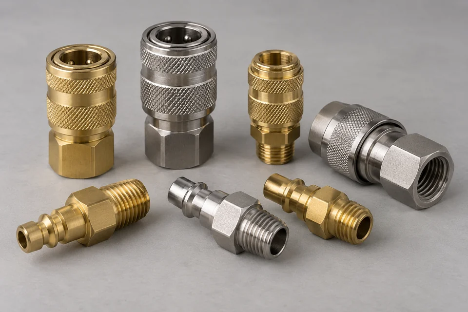several compressed air quick connect fittings and couplers with brass and stainless surfaces