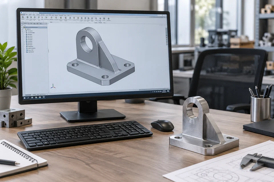 An engineering workstation monitor displaying a realistic solid 3D CAD model of a simple machined bracket beside its physical machined part on desk, realistic office application scene.