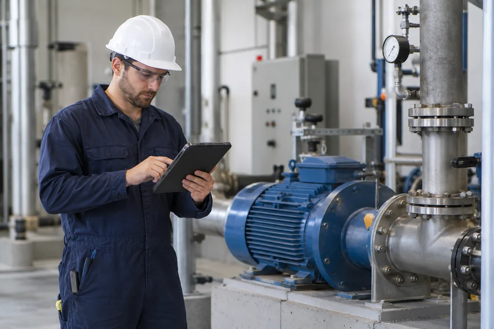 CMMS software represented by maintenance technician reviewing work orders on tablet beside industrial equipment