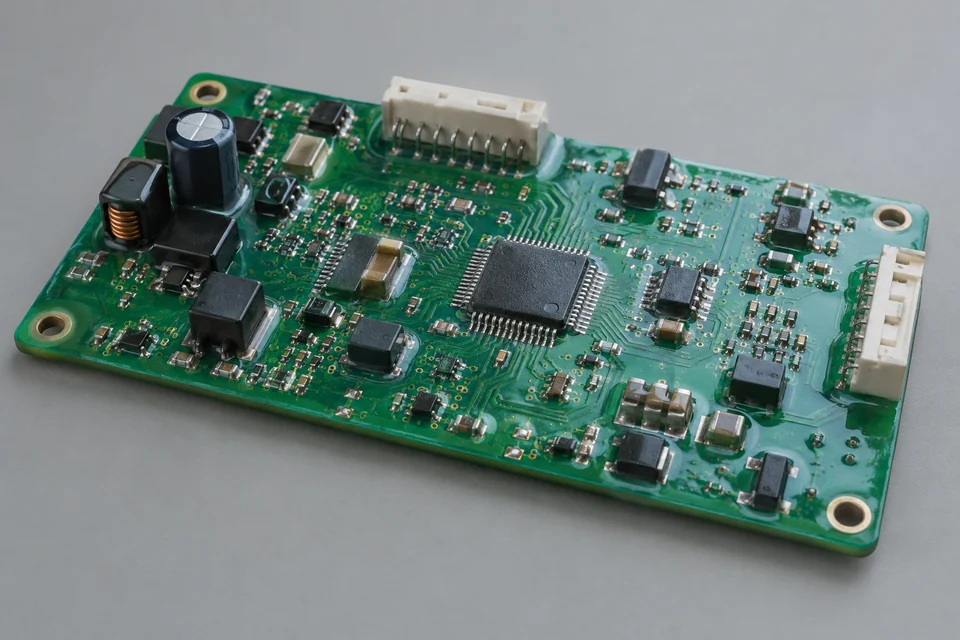 conformal-coated circuit board with clear protective surface layer, macro realistic electronics