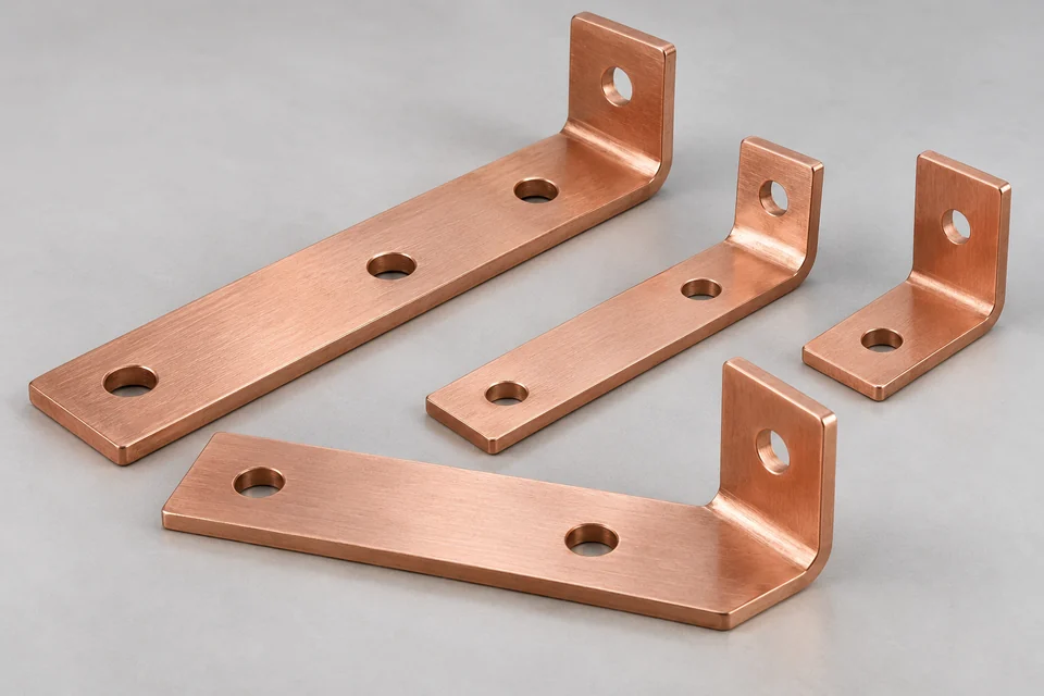 Several flat copper busbars with clean drilled mounting holes and one right angle bend, brushed reddish copper surfaces, studio product view.