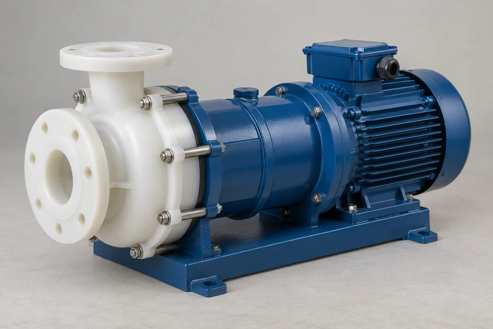 corrosion resistant magnetic drive centrifugal pump with fluoropolymer wet end and integrated electric motor