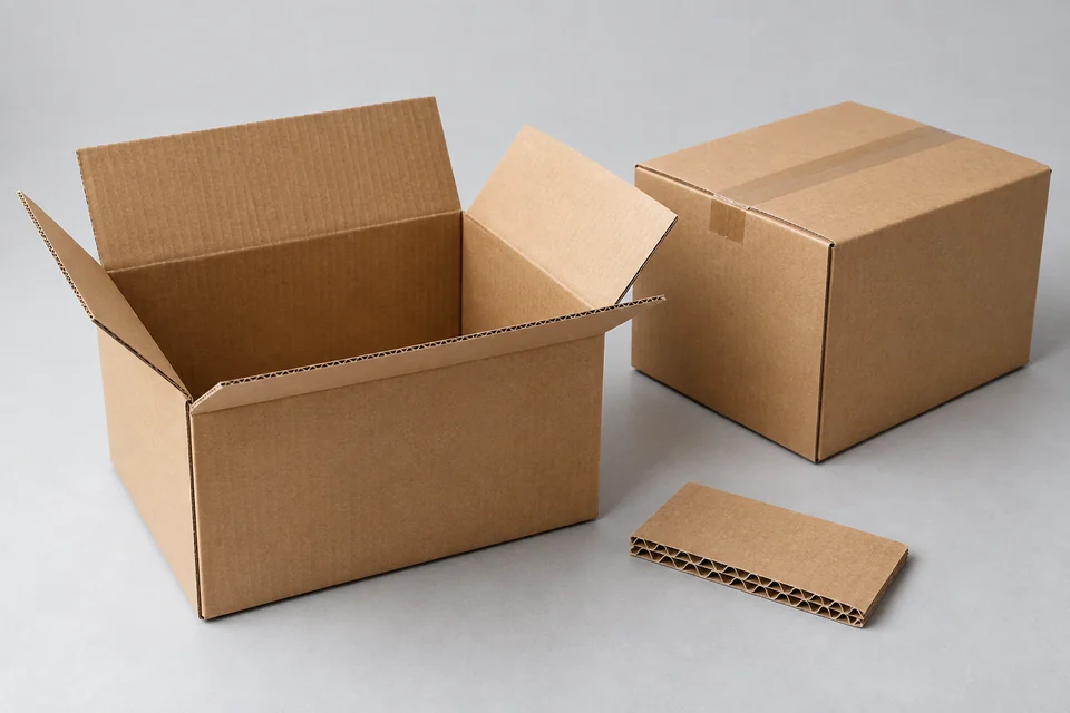 Two kraft corrugated cardboard shipping boxes, one folded open and one closed, visible fluted cut edge on a small material sample, clean studio view.