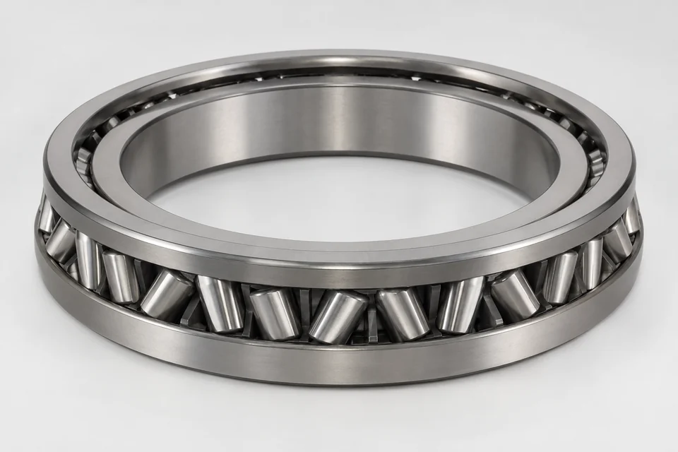 precision crossed tapered roller bearing ring with visible alternating roller orientation, externally plausible complete bearing