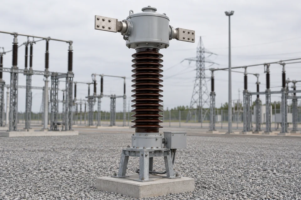 Outdoor current instrument transformer with opposite primary terminal pads, a top sensor housing, porcelain support and secondary connection box.