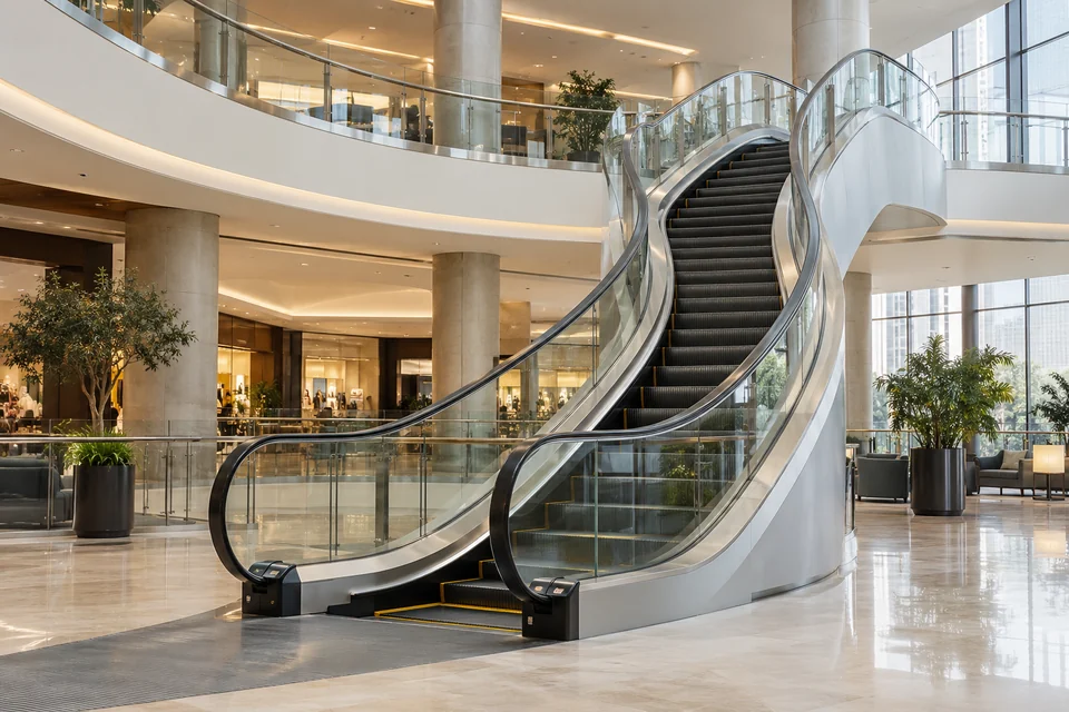 curved escalator installed in commercial atrium
