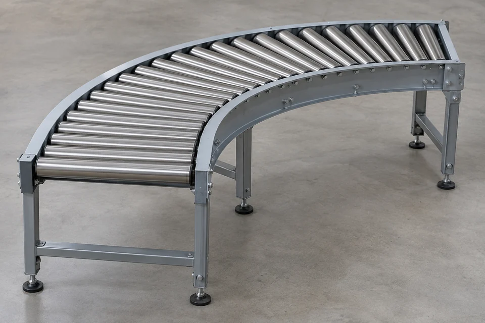 curved roller conveyor with closely spaced metal rollers forming a quarter turn