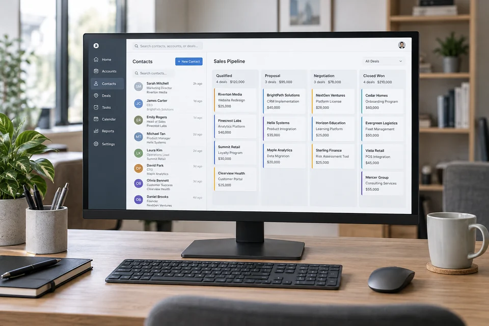 A business desk with monitor showing a restrained generic customer account workspace with contact records and sales pipeline columns, realistic software application scene.