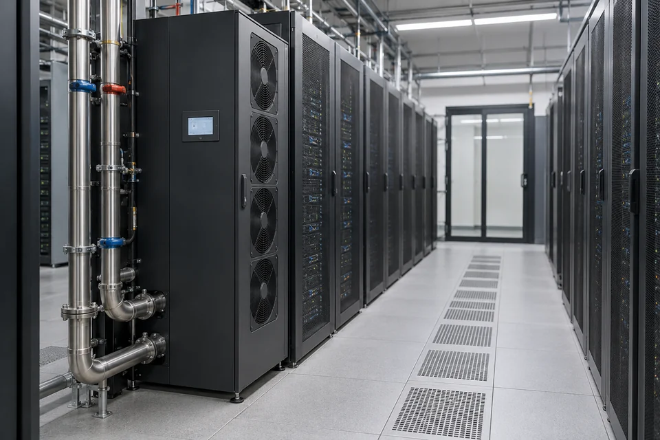 An orderly data centre aisle with an in row cooling unit and visible coolant distribution unit pipework beside server racks, realistic equipment application photograph.