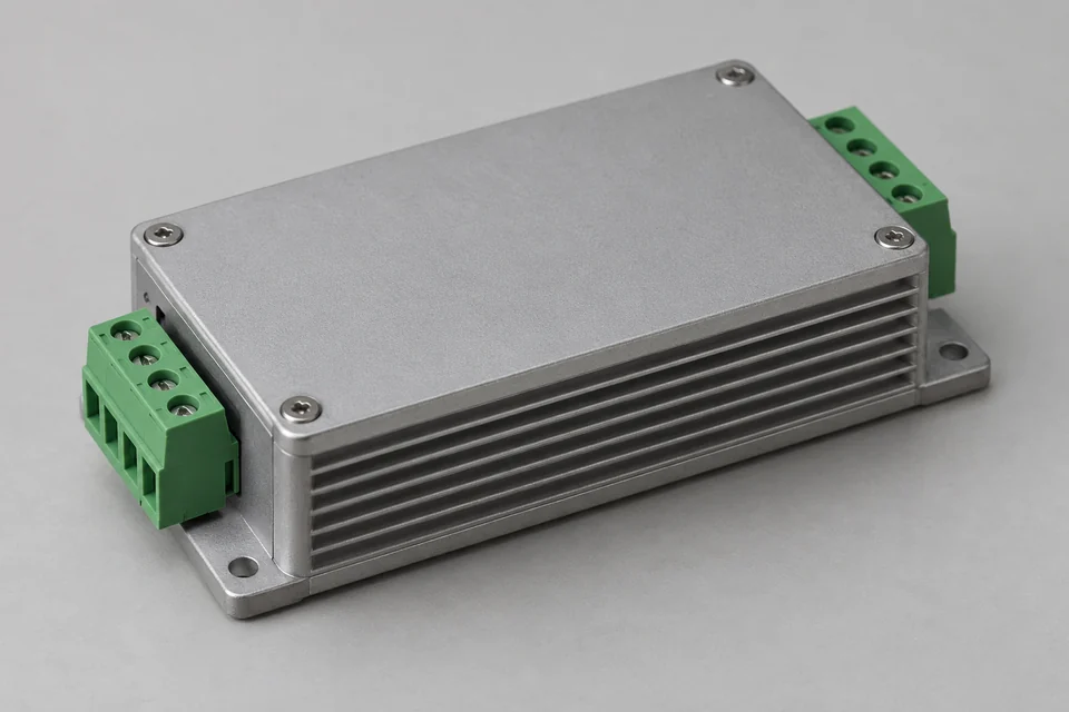 complete DC to DC converter module with input and output connector terminals, neutral unbranded enclosure