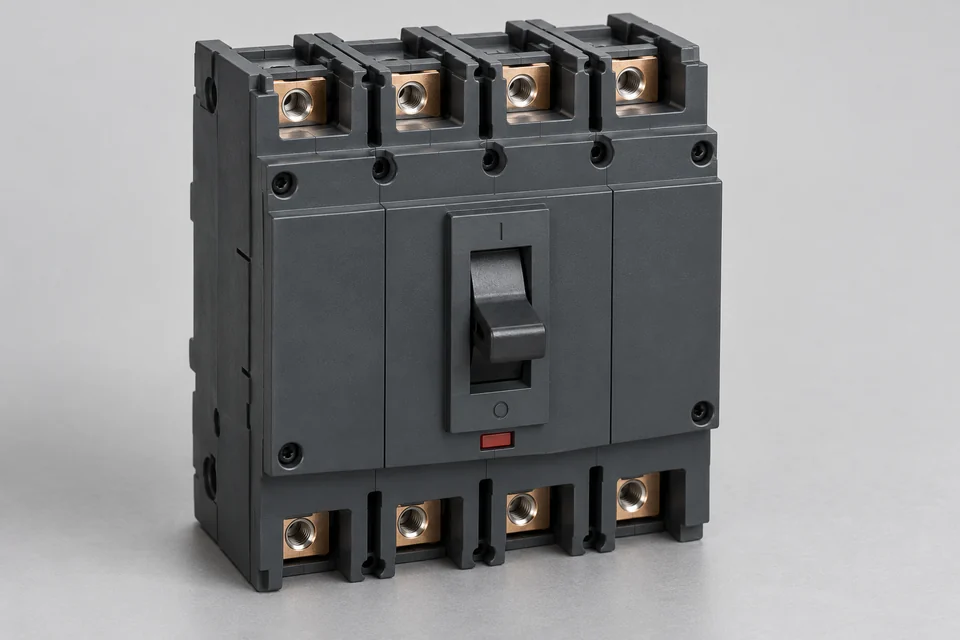 Four-pole molded-case circuit breaker with common operating handle and upper and lower recessed terminals